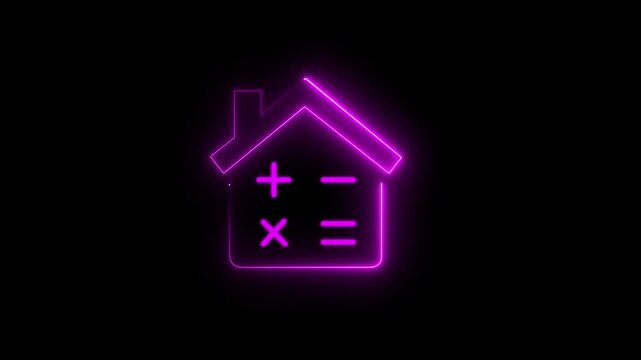 Green glowing neon icon of a house with calculator math symbols on representing mortgage estimation, home budget planning, property tax calculation, and real estate finance concept.