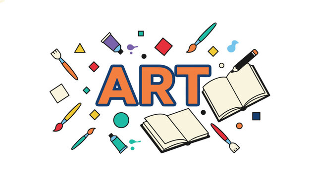 Word art in bold letters surrounded by various creative supplies like paintbrushes notebooks and watercolor tubes.