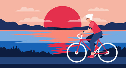 Fototapeta premium Active senior woman riding a bicycle during a beautiful sunset by the lake