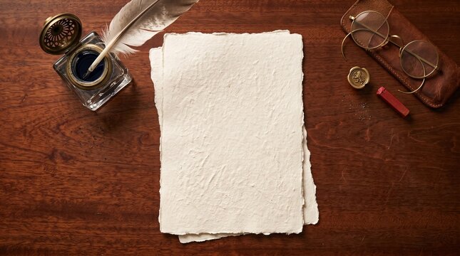Blank Vintage Parchment Paper Mockup on Dark Wooden Table Top View with Quill Pen Inkwell and Brass Shaker