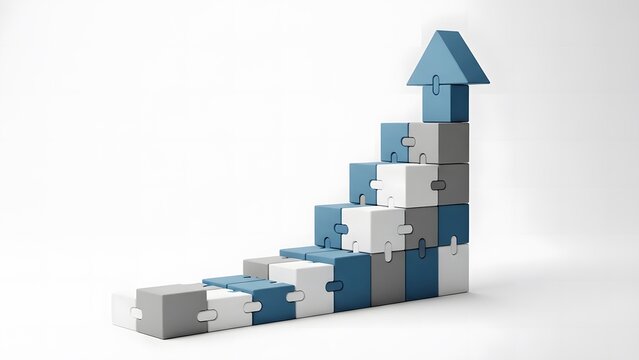 3D Blue Arrow Rising from Colorful Building Blocks with Business Success Concept, Cube Construction and Growth Illustration