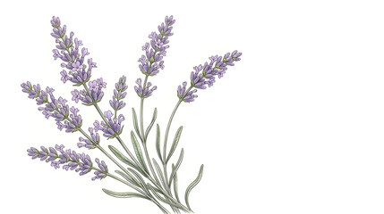 Fototapeta premium Elegant lavender stems with soft purple blossoms, realistic botanical illustration, Scandinavian aesthetic, isolated on white background, clean composition, copy space, commercial stock illustration, 