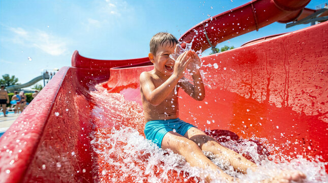 Happy boy sliding down red water slide splashing water at water park