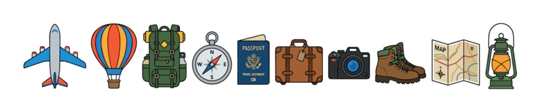 Airplane, hot air balloon, backpack, compass, passport, suitcase, camera, boots, map, and lantern are essential items for an exciting adventure journey.