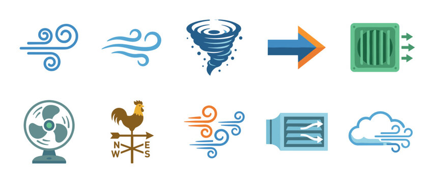 Various wind and air movement icons representing weather, ventilation, and natural forces in a modern flat design style vector illustration.