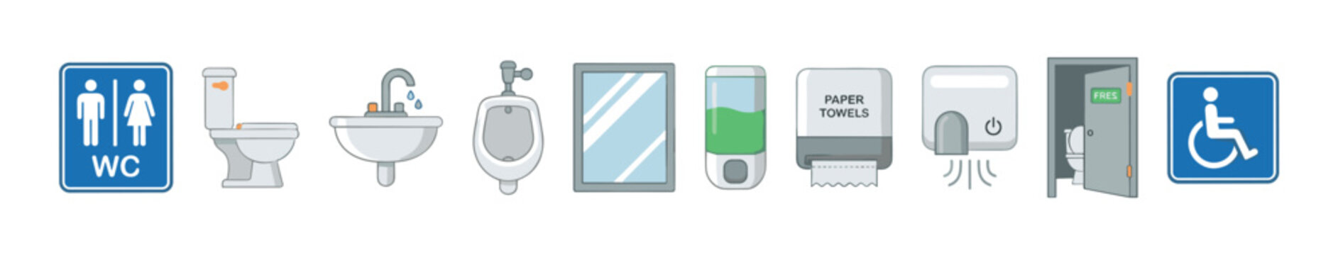 Restroom icons and public washroom elements including toilet, sink, urinal, mirror, soap dispenser, hand dryer, and accessibility signs.