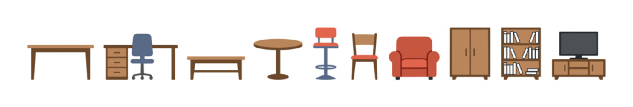 Various furniture items and household objects are neatly arranged in a row, showcasing a diverse collection of modern and classic pieces for home and office interiors.