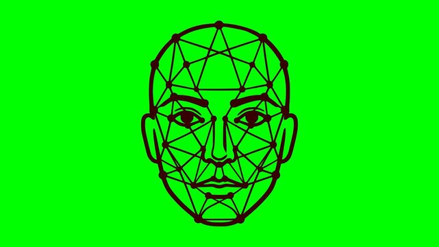 biometrics face scanning vector animation with a red blinking light Flashing line mesh overlay on a green screen chroma key background for video editing production