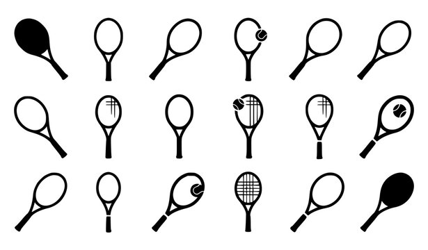 Generate a distinctive vector illustration containing 28 unique black tennis racquet silhouettes isolated on a solid white background. Create a dynamic staggered arrangement featuring contemporary rac