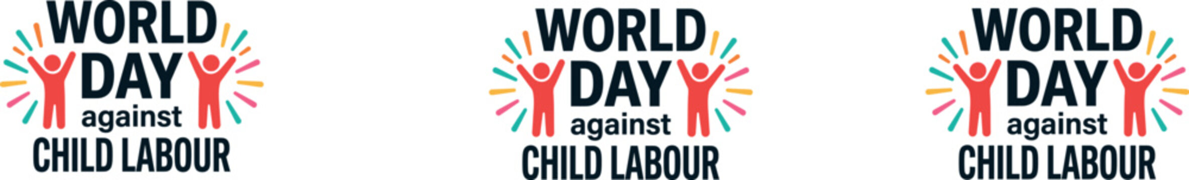 World day against child labour awareness graphic with cheerful children and sunburst elements