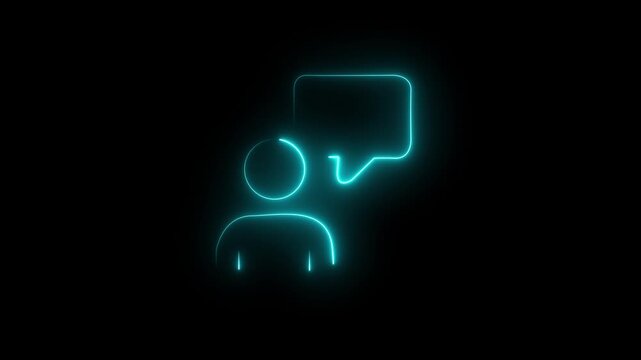 illustration of a bright blue neon line human avatar with message bubble symbol for social media conversation, customer care assistant, virtual consulting, and digital chatting. 4k loop...