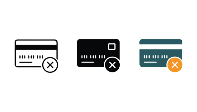 Credit card cancellation icon set including linear outline solid black and flat colored versions for financial transaction errors or declined payment security system UI design