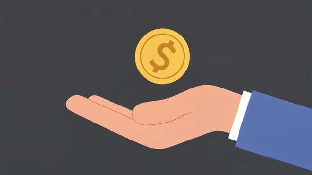 Flat vector illustration of a businessman's hand receiving a gold dollar coin, representing finance, investment, and wealth concept.
