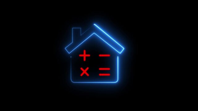 Green glowing neon icon of a house with calculator math symbols on representing mortgage estimation, home budget planning, property tax calculation, and real estate finance concept.