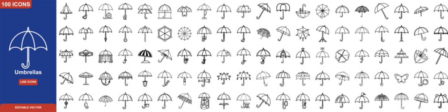 Umbrella Line Icon Set. Containing Rain Umbrellas, Patio Parasols, Beach Sunshade, Golf Accessories, Vintage Styles, and Modern Utility Designs