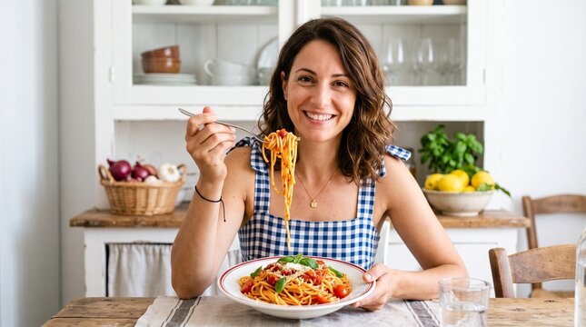 Commercial lifestyle culinary portrait of a smiling woman holding a plate of fresh Italian spaghetti pasta and twirling it with a fork inside a bright Mediterranean-style kitchen &ndash; premium organic pas