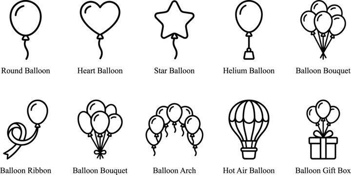 Minimalist balloon line icons set, 10 party celebration vector elements, heart and star balloon bouquet symbols for birthday events