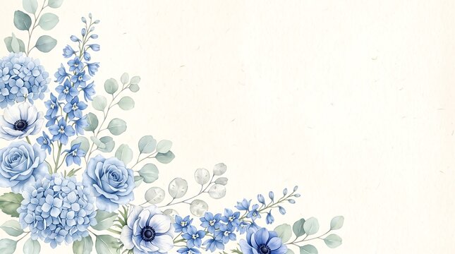 Watercolor blue floral corner frame, elegant wedding invitation background with roses and hydrangea, soft botanical border on textured paper
