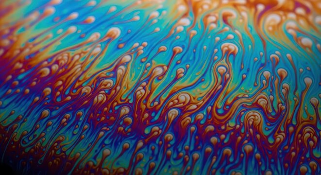 Colorful soap bubble surface with abstract rainbow patterns and liquid swirls
