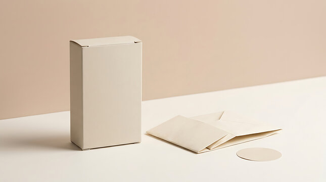 Blank rectangular cardboard box with folded paper envelope and small circular tag on tabletop