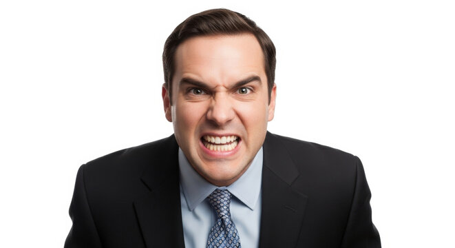 Aggressive Businessman Showing Teeth and Frowning Isolated on White Background Portrait of Angry Entrepreneur