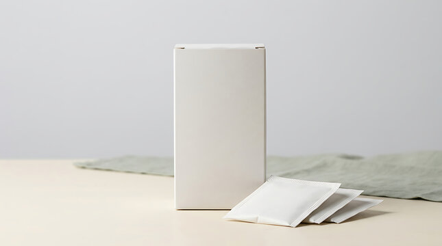 Blank white rectangular product box standing next to several small white sachets on a table
