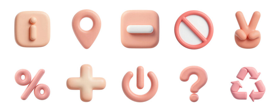 Set of 3D pink interface icons and symbols isolated on transparent background, illustration