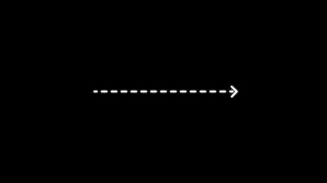 Minimalist white dashed line arrow animation pointing right on black background, pointer direction