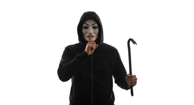 Anonymous Burglar Silhouette with Crowbar: Thief, Criminal, Hooliganism Concept on Isolated White Background