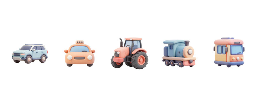 Set of cute 3D cartoon vehicles and transport icons isolated on transparent background, illustration