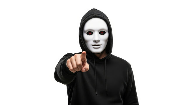 Anonymous Man Mask Hoodie Pointing Finger Accusation Threat Suspicious Mystery Isolated White Background Secret Identity Guilt Crime