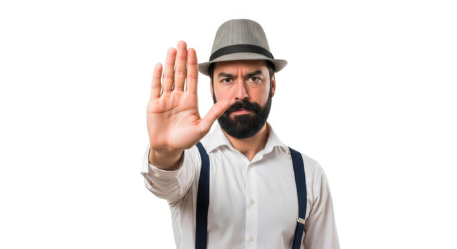 Assertive Man with Stop Hand Gesture Wearing Vintage Outfit on White Background