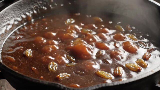 Close up of traditional Indian sweet dish with raisins.