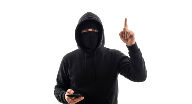 Balaclava Clad Man Holding Phone Pointing Index Finger Isolated on White