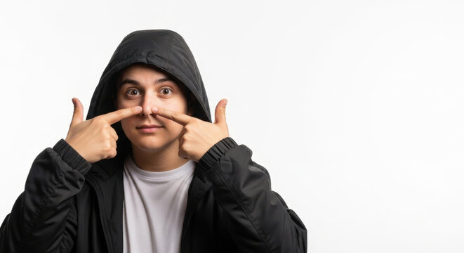 Boy with Hood Touching Nose, White T-Shirt and Background Demonstrating Expression of Silliness and Foolishness in Studio Shot