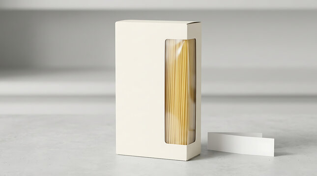 White cardboard box packaging for spaghetti pasta with clear window and small paper label
