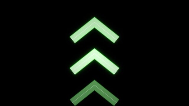 Glowing green chevron arrows pointing upwards on black background representing growth and progress concept