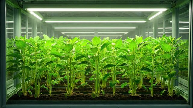 Rows of young green seedlings growing inside a controlled environment vertical greenhouse chamber with bright led lights