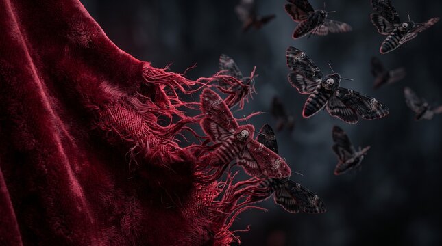 3D render of an unravelling red velvet fabric transforming into flying dark moths in a macro photography style representing dark fantasy concepts