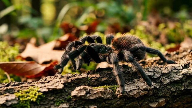black tarantula in amazon rainforest close up beautiful composition morning light video