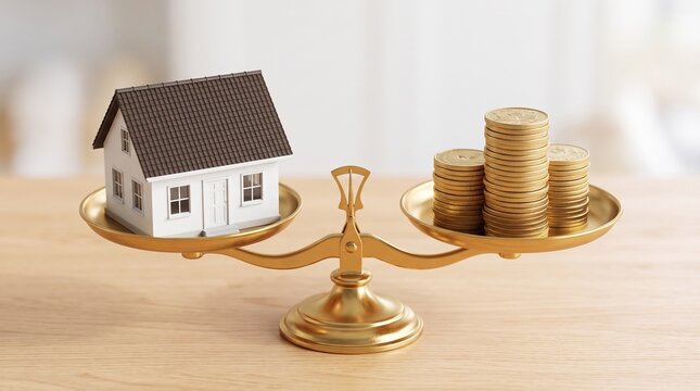 Model house and coins on golden balance scale