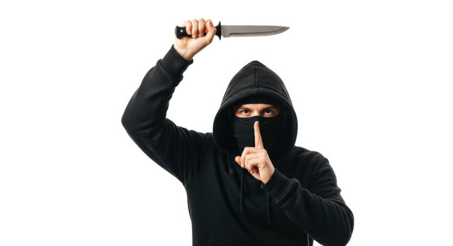 Burglar with Knife in Hand Shushing: Crime, Violence, Threat, Danger, Criminal, Robbery, Thief, Security, Mask, Bandit, Terror, Fear