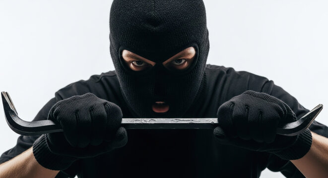 Burglar with Crowbar, Mask and Gloves, Ready for Crime and Break-In
