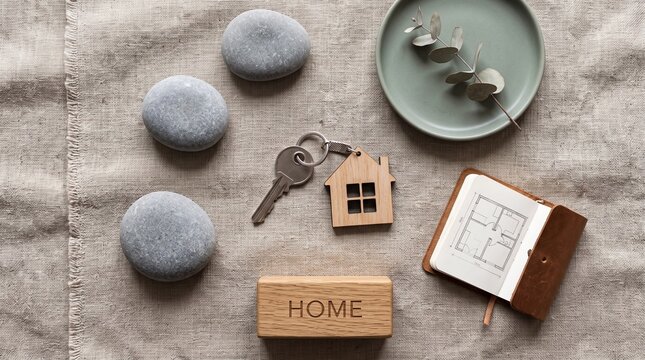 Key and wooden house model on linen fabric