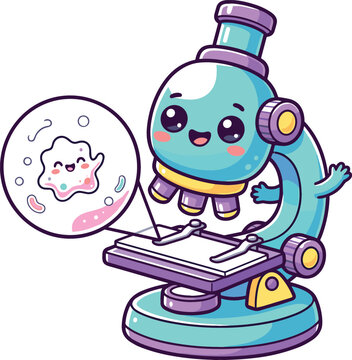 Cute cartoon microscope character vector illustration looking at a funny smiling amoeba bacteria cell through a zoom lens isolated on white background