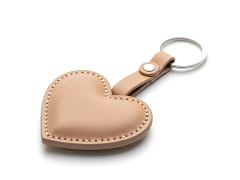 Beige heart-shaped leather keychain with ring