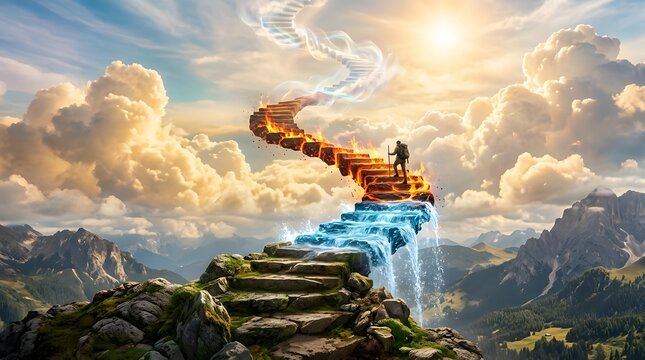 Adventurer hiking up surreal staircase transitioning from cold blue water base to hot orange fire summit towards heaven sky clouds representing path to spiritual growth enlightenment and journey.