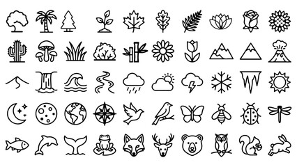 Obraz premium Nature flora and fauna hand drawn icon set representing earth and wildlife