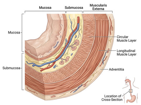 Human digestive tract muscularis externa cross-section diagram isolated on white background