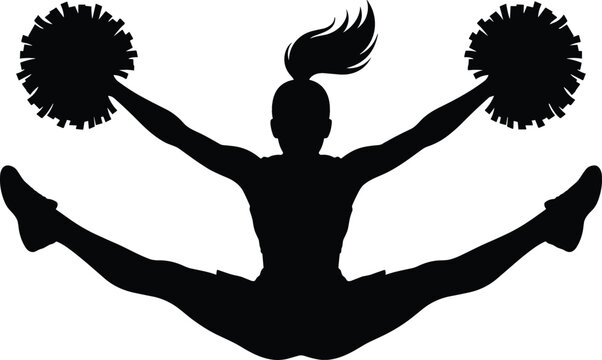 Graceful cheerleader silhouette performing an extreme midair split jump vector illustration holding fluffy pom poms isolated on a clean white background